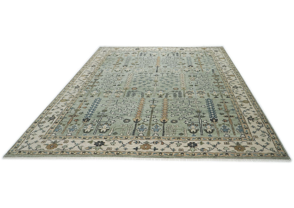 10x14 Celadon, Beige, Tan Color Hand Knotted Oushak Wool Transitional Oriental Rug