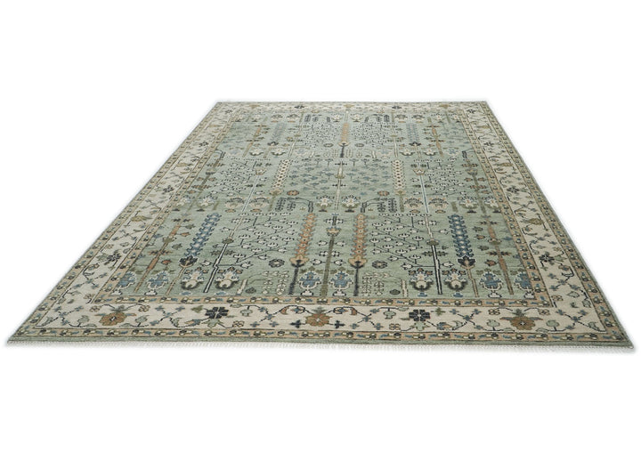 10x14 Celadon, Beige, Tan Color Hand Knotted Oushak Wool Transitional Oriental Rug