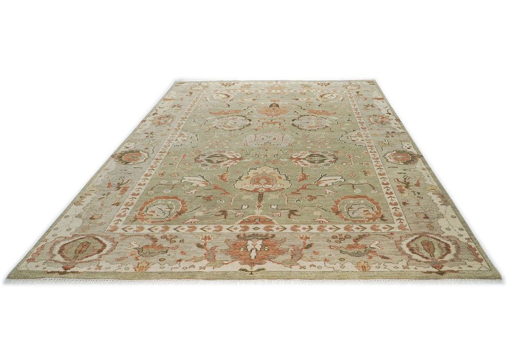 10x14 Green, Peach, Gray Color Hand Knotted Oushak Wool Arts and Crafts Oriental Rug