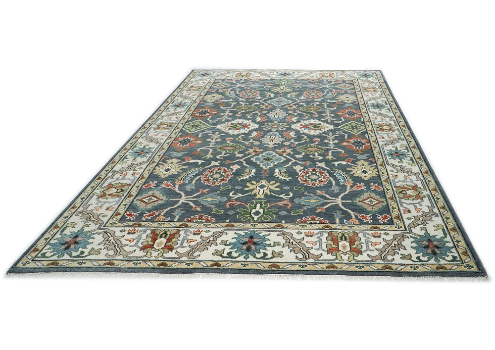 10x14 Blue, Slate, Ivory Color Hand Knotted Oushak Wool Arts and Crafts Oriental Rug