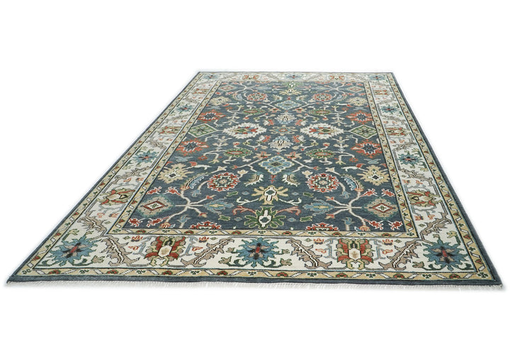 10x14 Blue, Slate, Ivory Color Hand Knotted Oushak Wool Arts and Crafts Oriental Rug