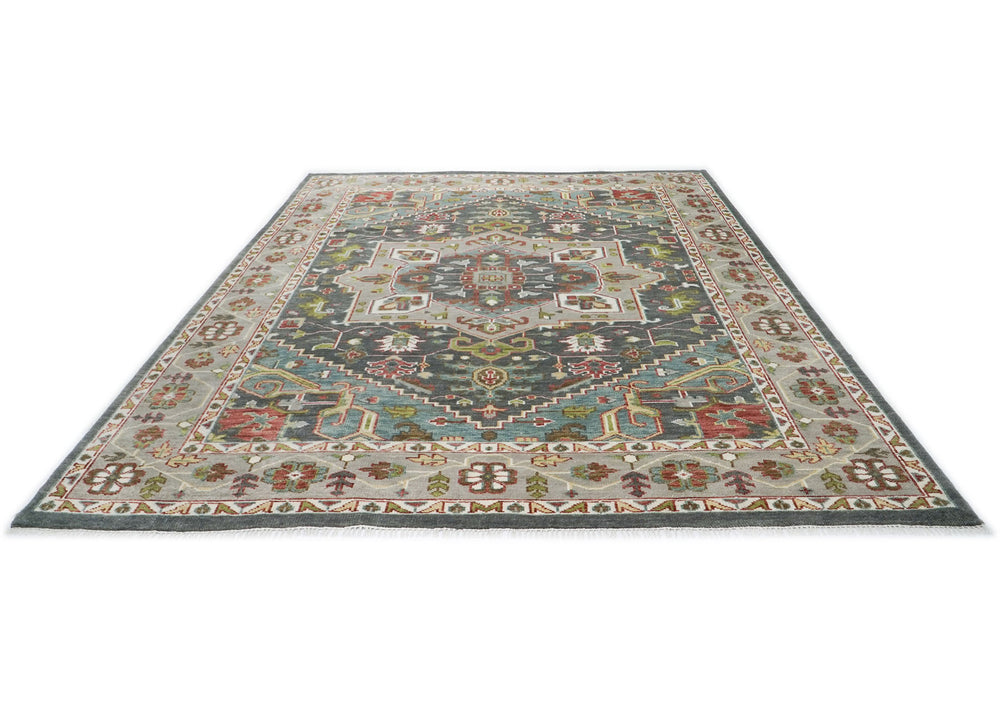 10x14 Slate, Ivory, Lime Color Hand Knotted Oushak Wool  Oriental Rug