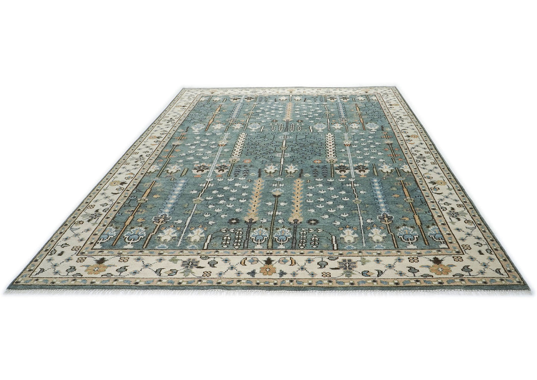 10x14 Celadon, Ivory, Brown Color Hand Knotted Oushak Wool Transitional Oriental Rug