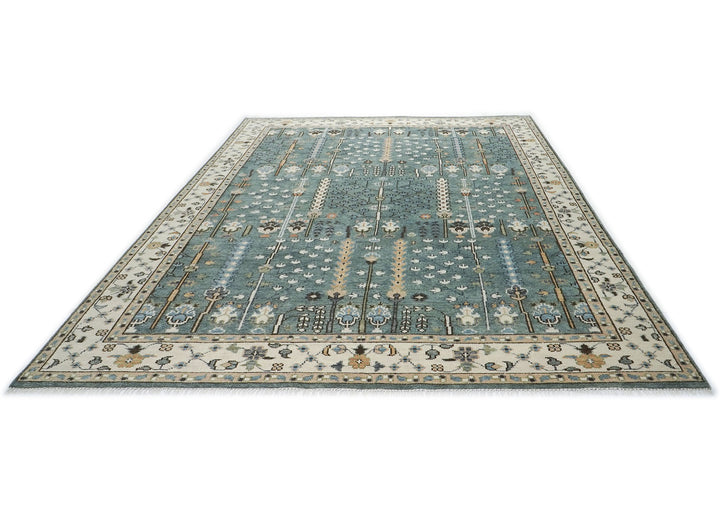 10x14 Celadon, Ivory, Brown Color Hand Knotted Oushak Wool Transitional Oriental Rug