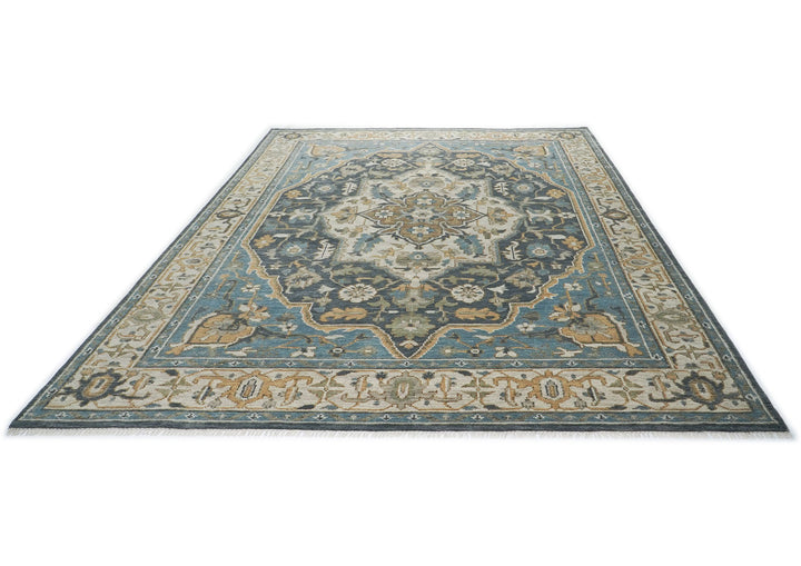 10x14 Blue, Beige, Gold Color Hand Knotted Oushak Wool  Oriental Rug