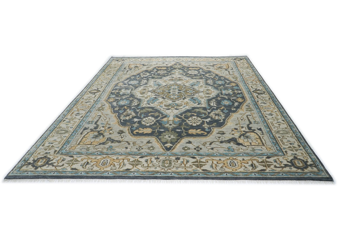 10x14 Blue, Beige, Green Color Hand Knotted Oushak Wool  Oriental Rug