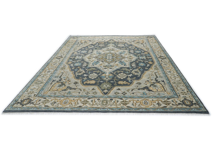 10x14 Blue, Beige, Green Color Hand Knotted Oushak Wool  Oriental Rug