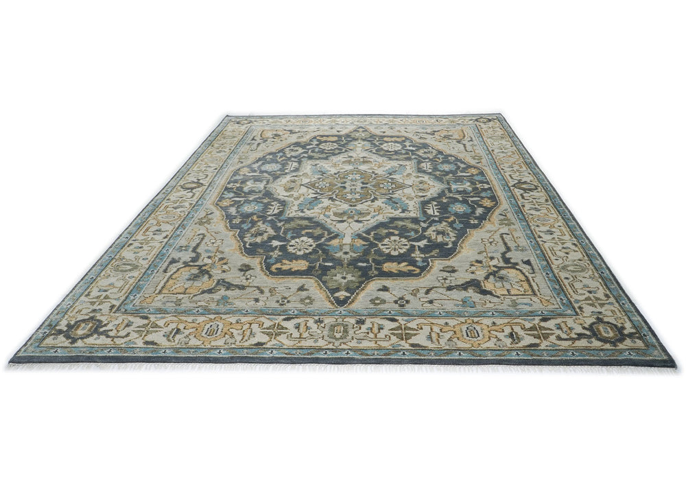 10x14 Blue, Beige, Green Color Hand Knotted Oushak Wool  Oriental Rug