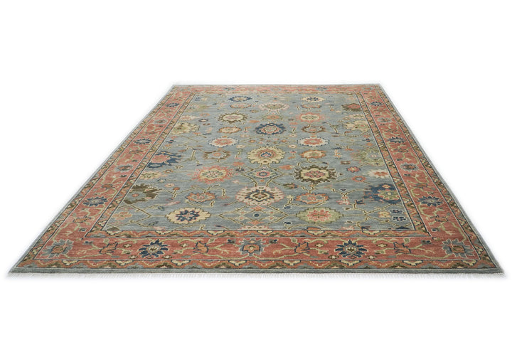 10x14 Blue, Rose, Lime Color Hand Knotted Oushak Wool  Oriental Rug