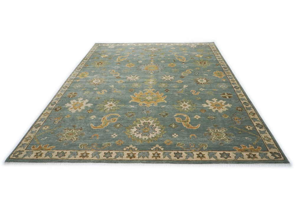 10x14 Seledon, Gold, Ivory Color Hand Knotted Oushak Wool Arts and Crafts Oriental Rug