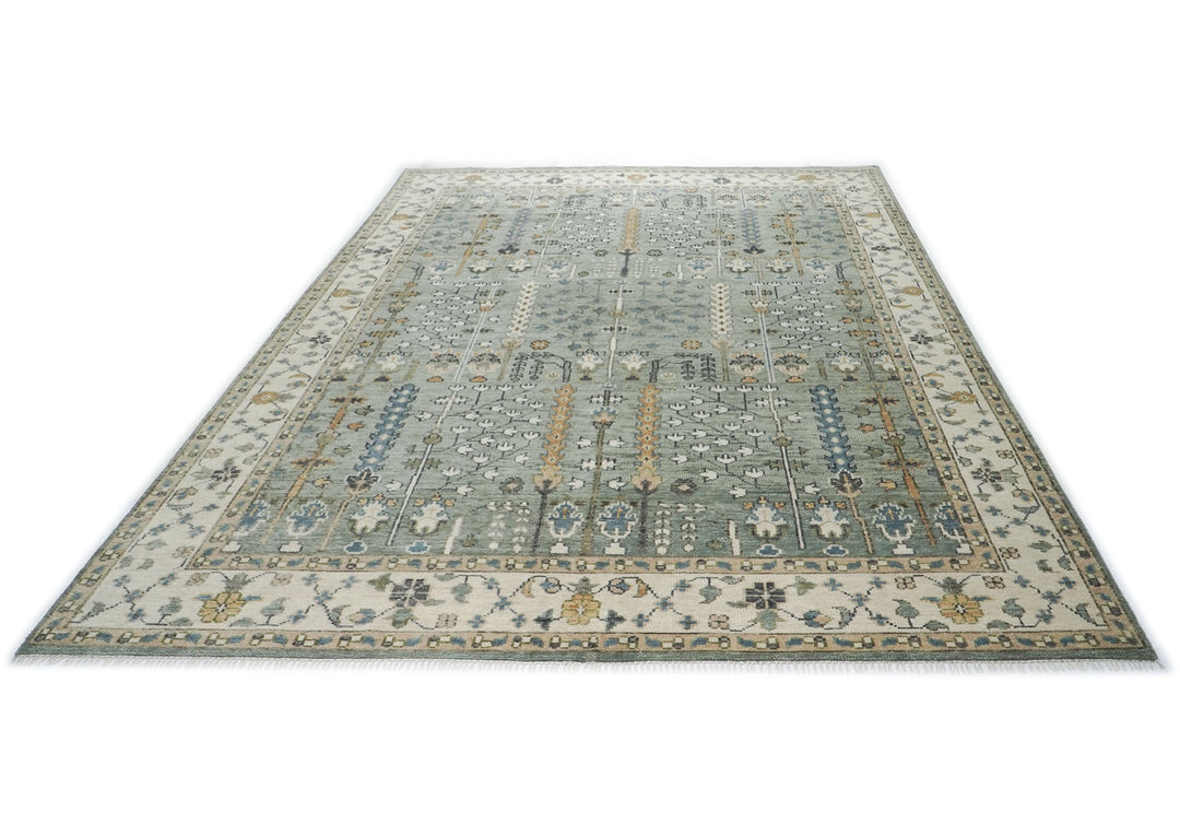 10x14 Slate, Ivory, Blue Color Hand Knotted Oushak Wool Transitional Oriental Rug