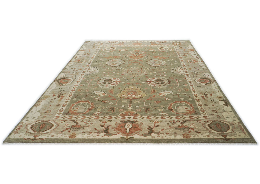 10x14 Green, Beige, peach Color Hand Knotted Oushak Wool Arts and Crafts Oriental Rug