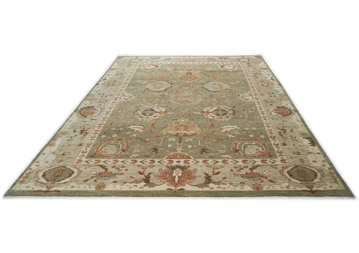 10x14 Green, Beige, peach Color Hand Knotted Oushak Wool Arts and Crafts Oriental Rug