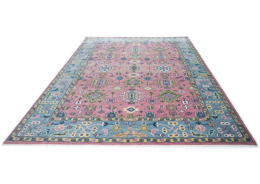 10x14 Pink, Blue, Lime Color Hand Knotted Oushak Wool Transitional Oriental Rug