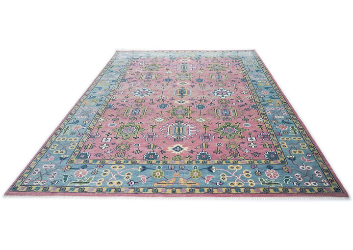 10x14 Pink, Blue, Lime Color Hand Knotted Oushak Wool Transitional Oriental Rug