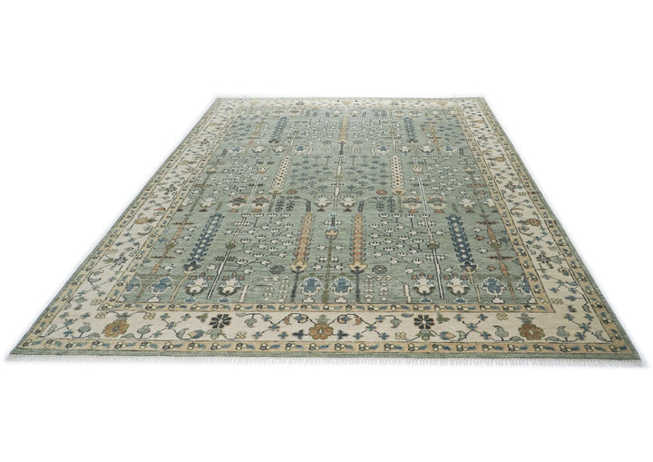 10x14 Slate, Beige, Blue Color Hand Knotted Oushak Wool Transitional Oriental Rug