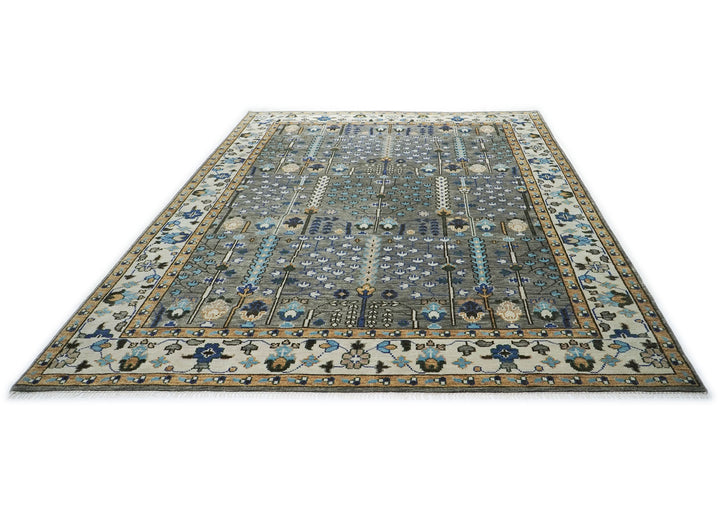 10x14 Gray, Tan, Blue Color Hand Knotted Oushak Wool Transitional Oriental Rug