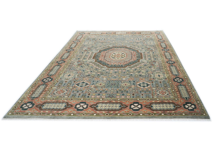 10x14 Slate, Green, Rose Color Hand Knotted Oushak Wool Traditional Oriental Rug