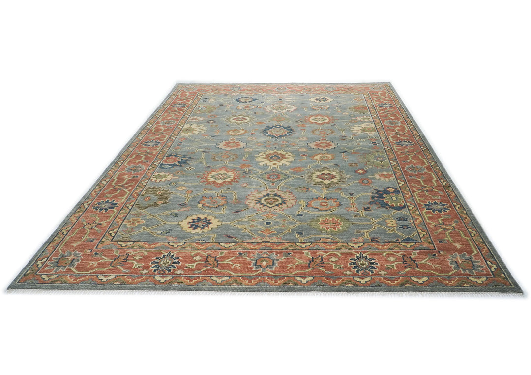 10x14 Blue, Rose, peach Color Hand Knotted Oushak Wool Arts and Crafts Oriental Rug