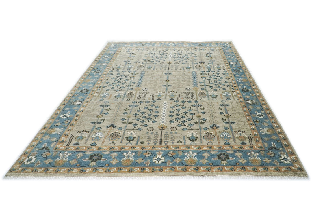 10x14 Beige, Aqua, Tan Color Hand Knotted Oushak Wool Transitional Oriental Rug