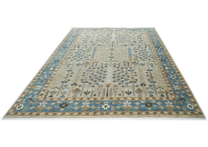 10x14 Beige, Aqua, Tan Color Hand Knotted Oushak Wool Transitional Oriental Rug
