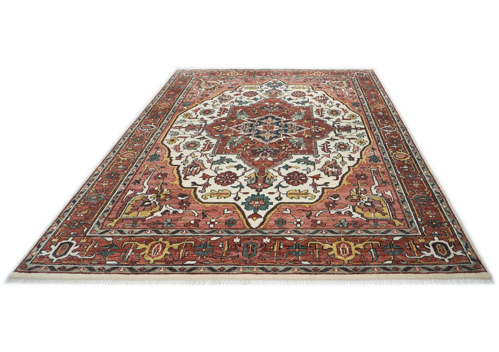 10x14 Rust, Ivory, Rose Color Hand Knotted Oushak Wool  Oriental Rug