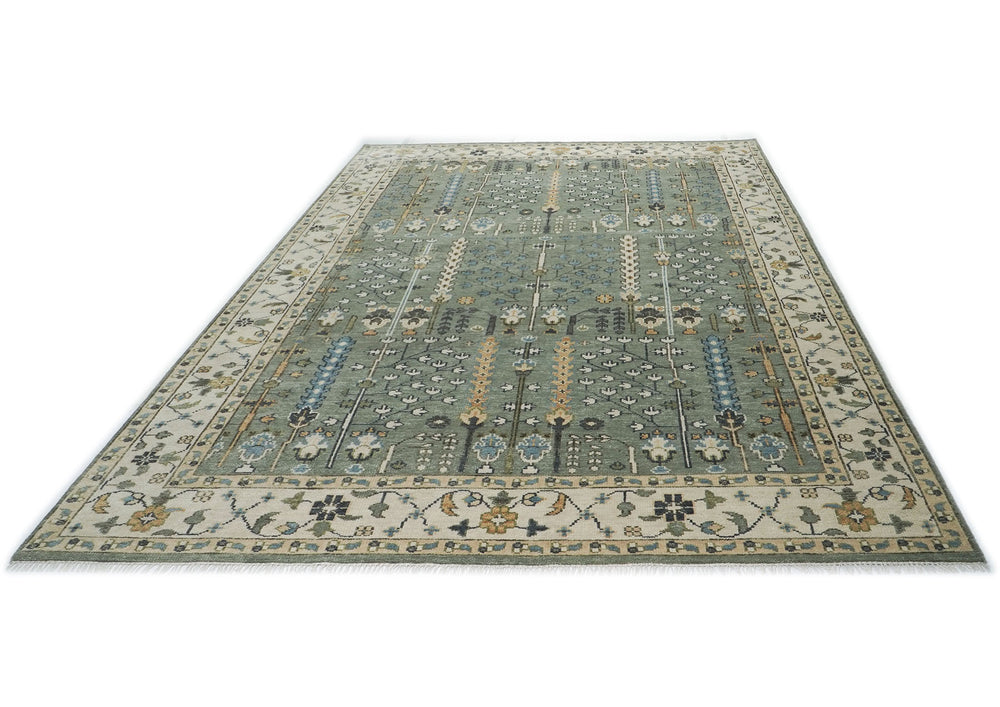 10x14 Celadon, Beige, Blue Color Hand Knotted Oushak Wool Transitional Oriental Rug