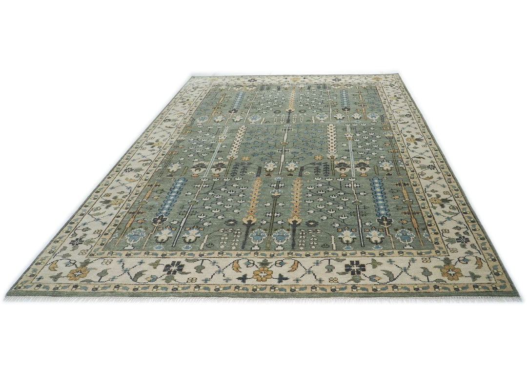 10x14 Celadon, Beige, Blue Color Hand Knotted Oushak Wool Transitional Oriental Rug