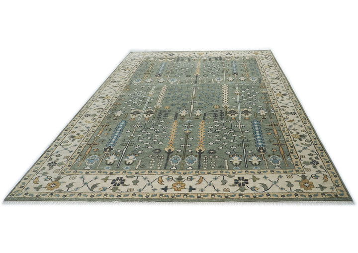 10x14 Celadon, Beige, Blue Color Hand Knotted Oushak Wool Transitional Oriental Rug