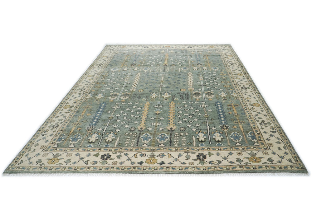 10x14 Slate, Beige, Brown Color Hand Knotted Oushak Wool Transitional Oriental Rug