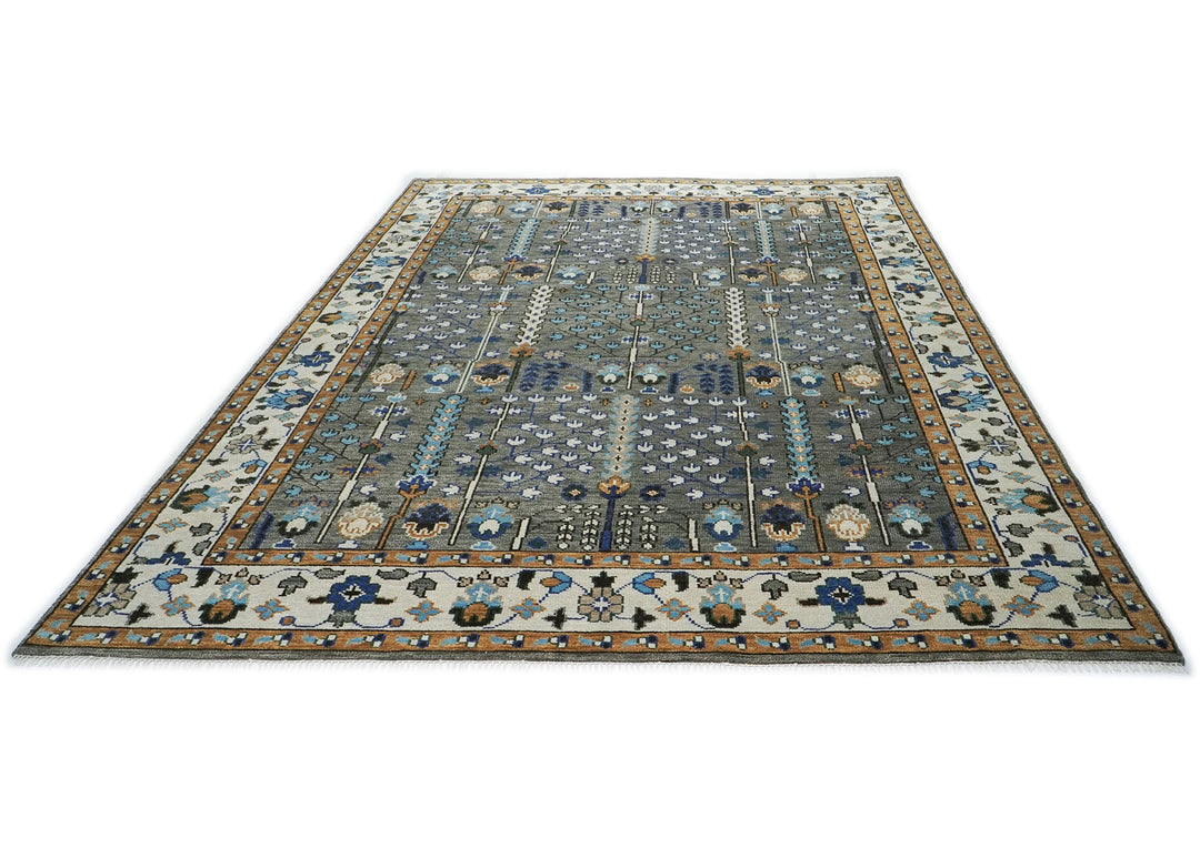 10x14 Gray, Ivory, Gold Color Hand Knotted Oushak Wool Transitional Oriental Rug