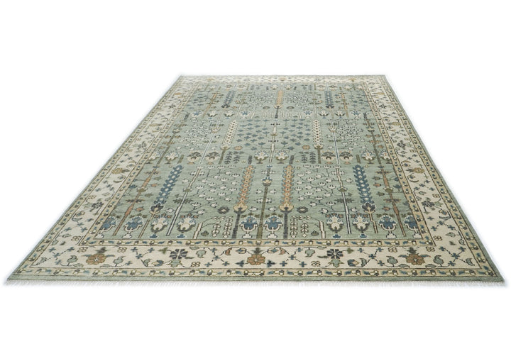 10x14 Celadon, Beige, Green Color Hand Knotted Oushak Wool Transitional Oriental Rug
