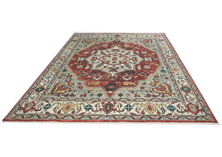 10x14 Rust, Mint, Ivory Color Hand Knotted Oushak Wool  Oriental Rug