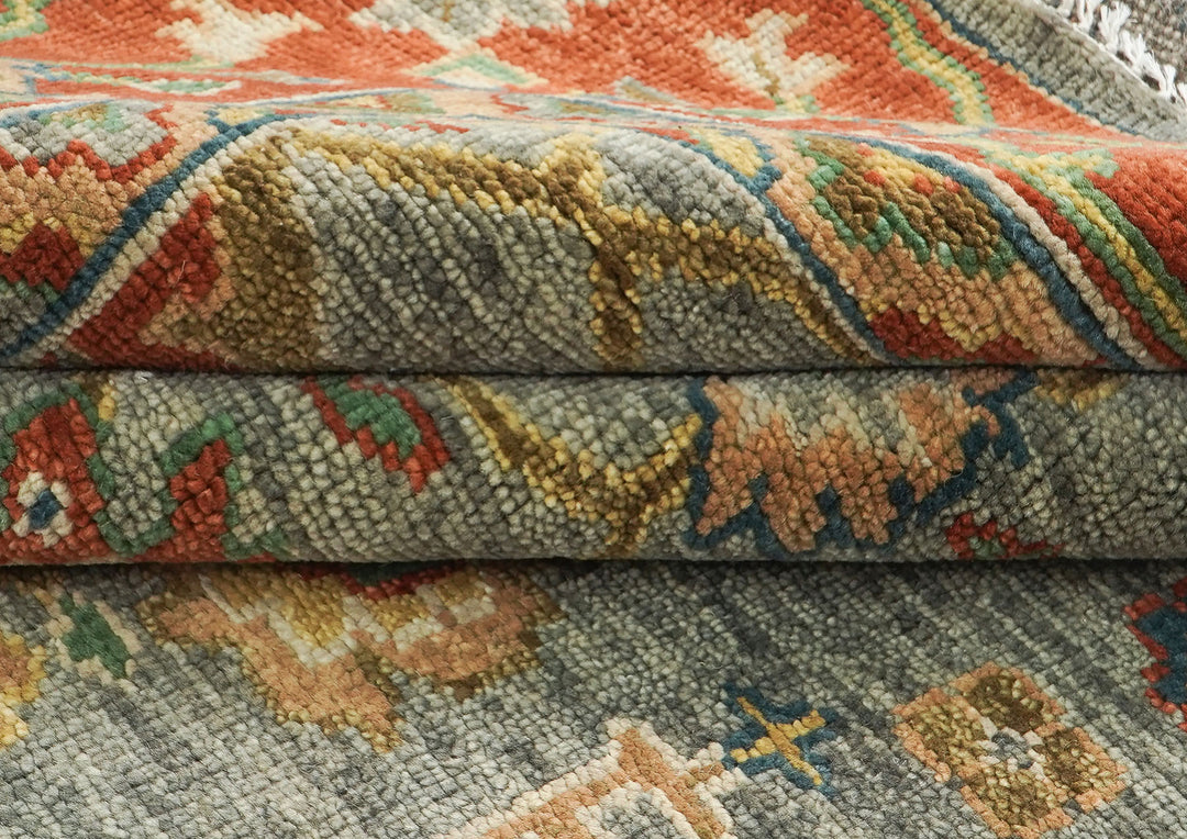 9x12 Blue, Burnt Orange, Gray Color Hand Knotted Oushak Wool  Oriental Rug