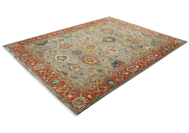 9x12 Blue, Burnt Orange, Gray Color Hand Knotted Oushak Wool Arts and Crafts Oriental Rug