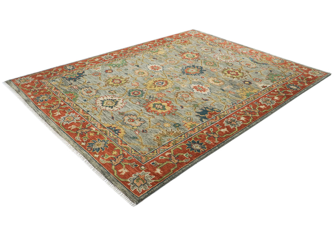 9x12 Blue, Burnt Orange, Gray Color Hand Knotted Oushak Wool  Oriental Rug