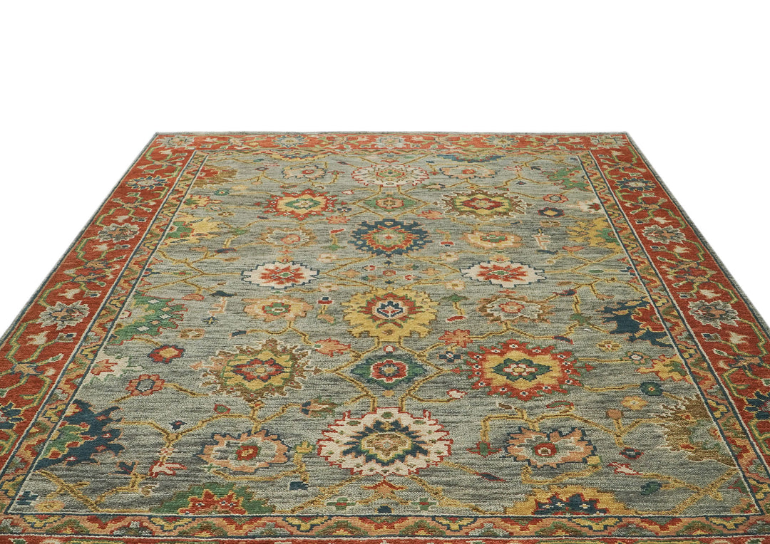 9x12 Blue, Burnt Orange, Gray Color Hand Knotted Oushak Wool  Oriental Rug