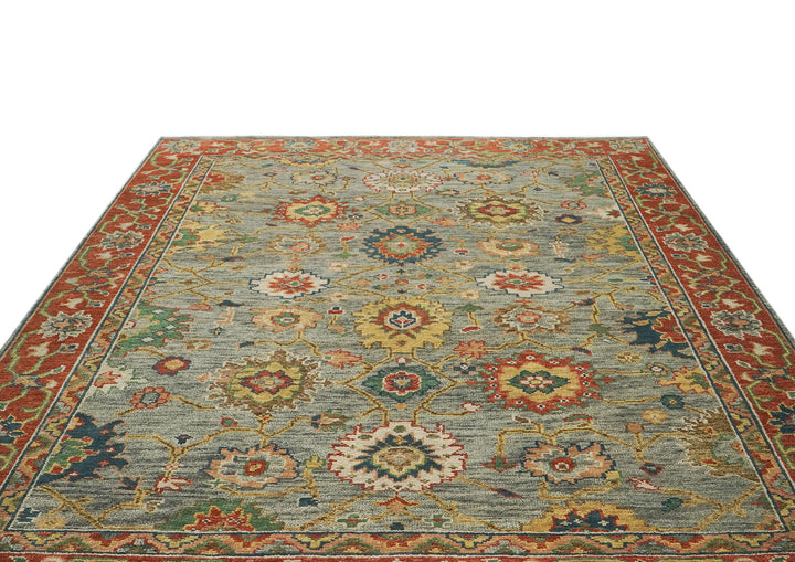 9x12 Blue, Burnt Orange, Gray Color Hand Knotted Oushak Wool  Oriental Rug