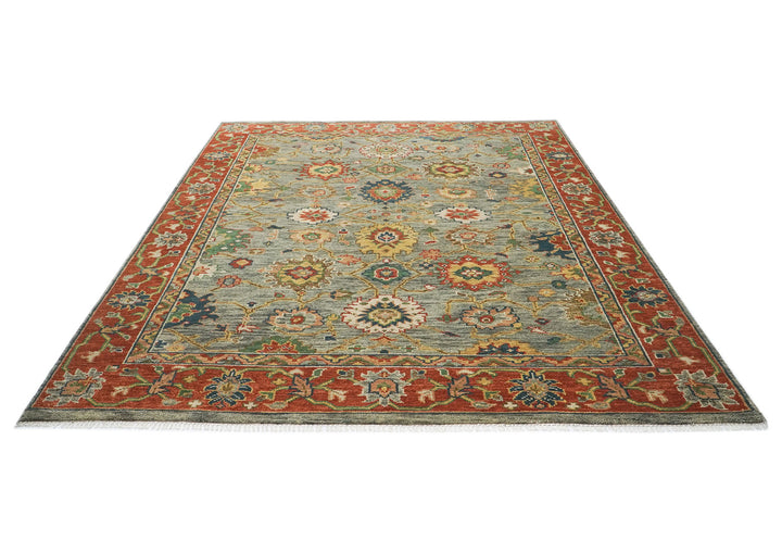 9x12 Blue, Burnt Orange, Gray Color Hand Knotted Oushak Wool  Oriental Rug