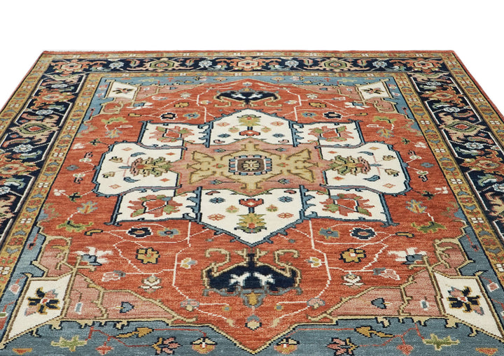 9x12 Burnt Orange, Ivory, Navy Color Hand Knotted Oushak Wool  Oriental Rug