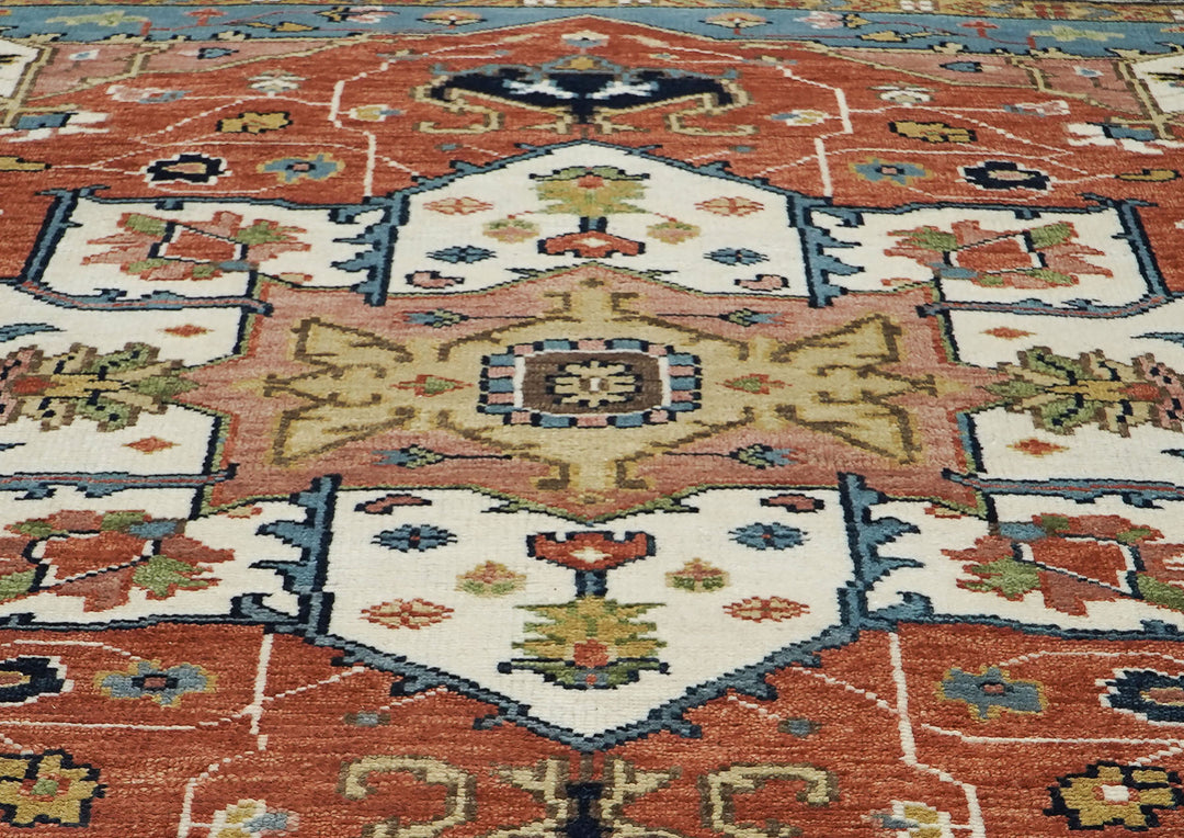 9x12 Burnt Orange, Ivory, Navy Color Hand Knotted Oushak Wool  Oriental Rug