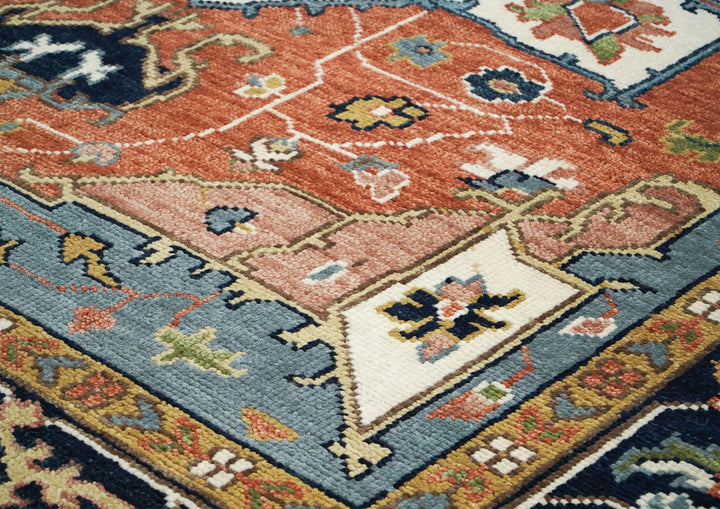 9x12 Burnt Orange, Ivory, Navy Color Hand Knotted Oushak Wool  Oriental Rug