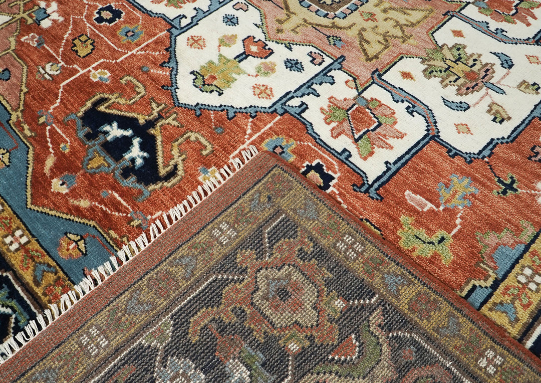 9x12 Burnt Orange, Ivory, Navy Color Hand Knotted Oushak Wool  Oriental Rug