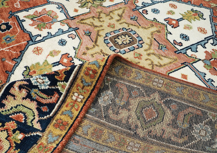 9x12 Burnt Orange, Ivory, Navy Color Hand Knotted Oushak Wool  Oriental Rug