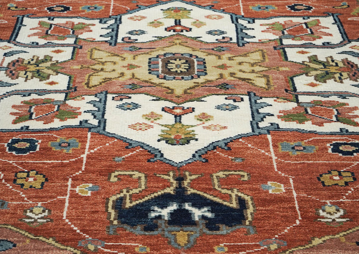 9x12 Burnt Orange, Ivory, Navy Color Hand Knotted Oushak Wool  Oriental Rug