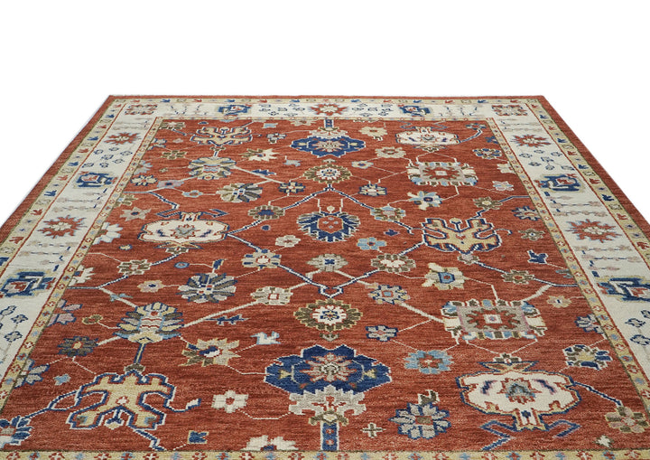 9x12 Burnt Orange, Ivory, Navy Color Hand Knotted Oushak Wool Transitional Oriental Rug