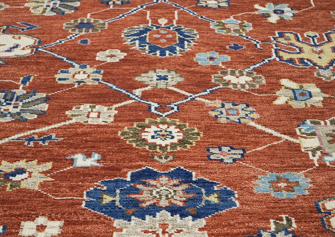 9x12 Burnt Orange, Ivory, Navy Color Hand Knotted Oushak Wool Transitional Oriental Rug