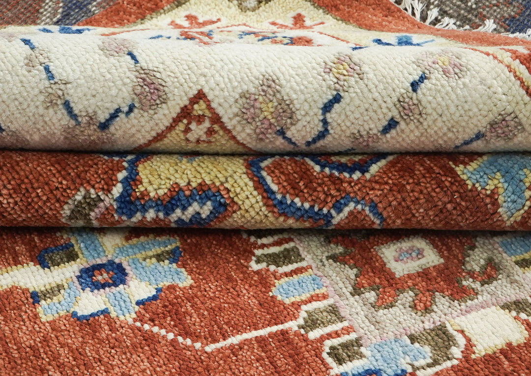 9x12 Burnt Orange, Ivory, Navy Color Hand Knotted Oushak Wool Transitional Oriental Rug