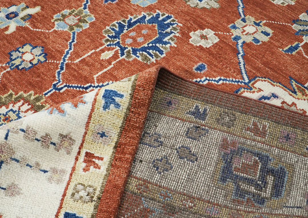 9x12 Burnt Orange, Ivory, Navy Color Hand Knotted Oushak Wool Transitional Oriental Rug