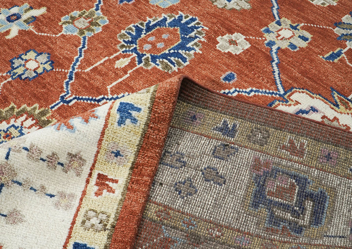 9x12 Burnt Orange, Ivory, Navy Color Hand Knotted Oushak Wool Transitional Oriental Rug